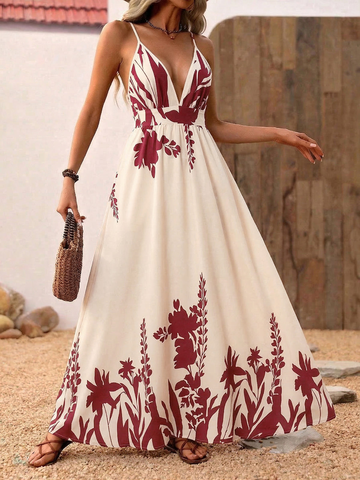 V Neck Floral Print Boho Maxi Dress