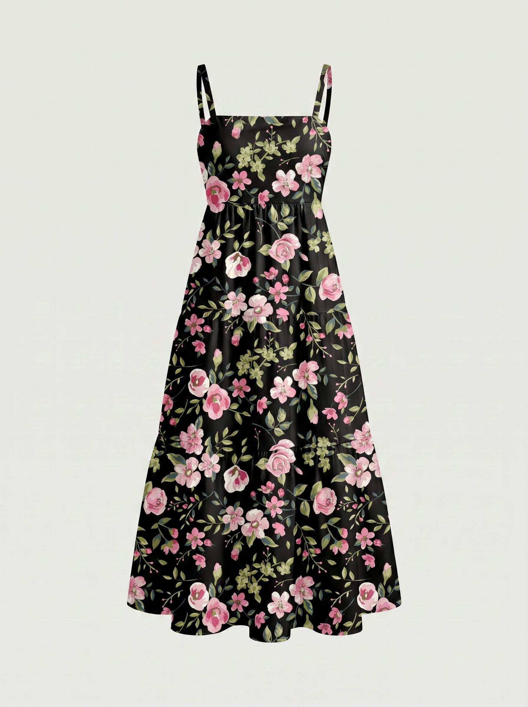 FLORA Floral Print Tiered Strap Midi Dress