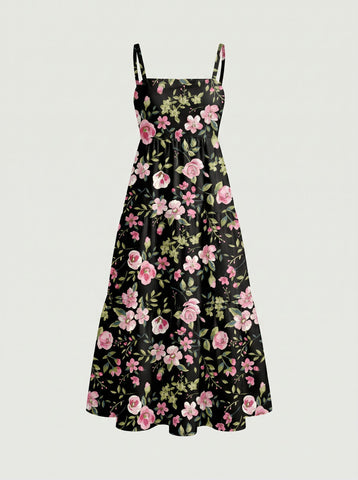 FLORA Floral Print Tiered Strap Midi Dress