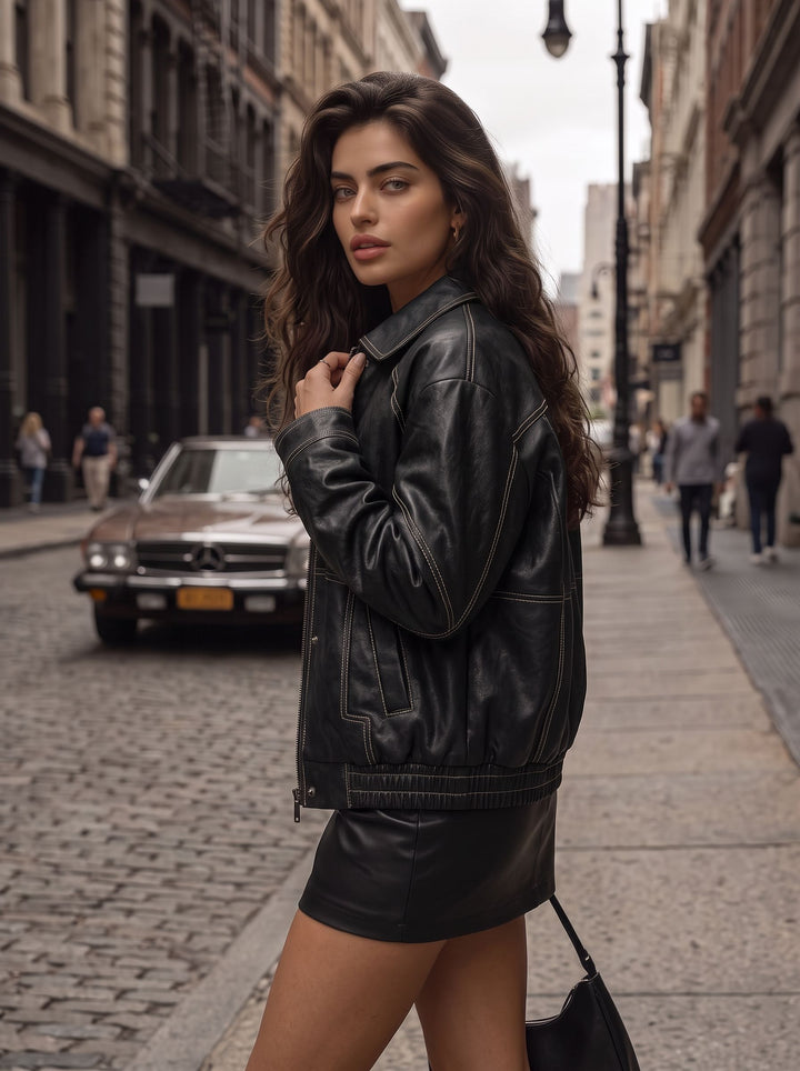 Oversized Brown Faux Leather Bomber Jacket