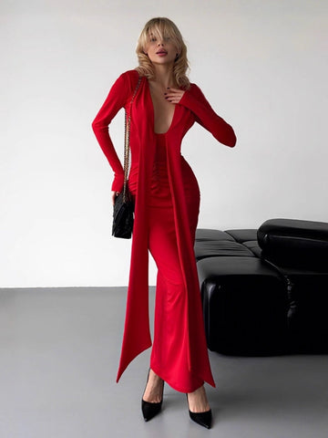 Plunging Neckline Ruched Maxi Dress
