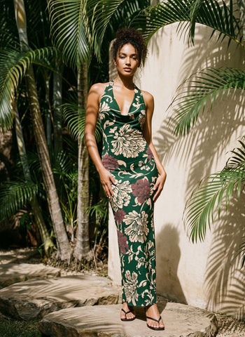 Floral Print Cowl Neck Bodycon Maxi Dress