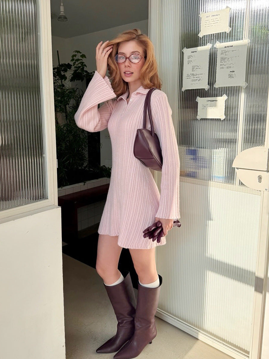 Ribbed Collared Long Sleeve Sweater Dress