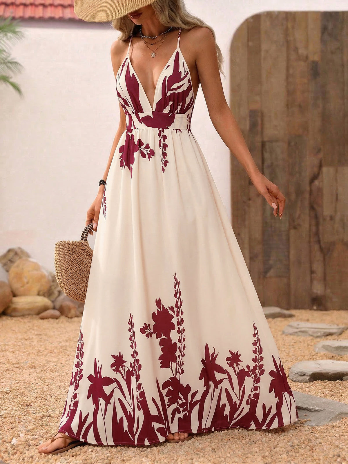 V Neck Floral Print Boho Maxi Dress