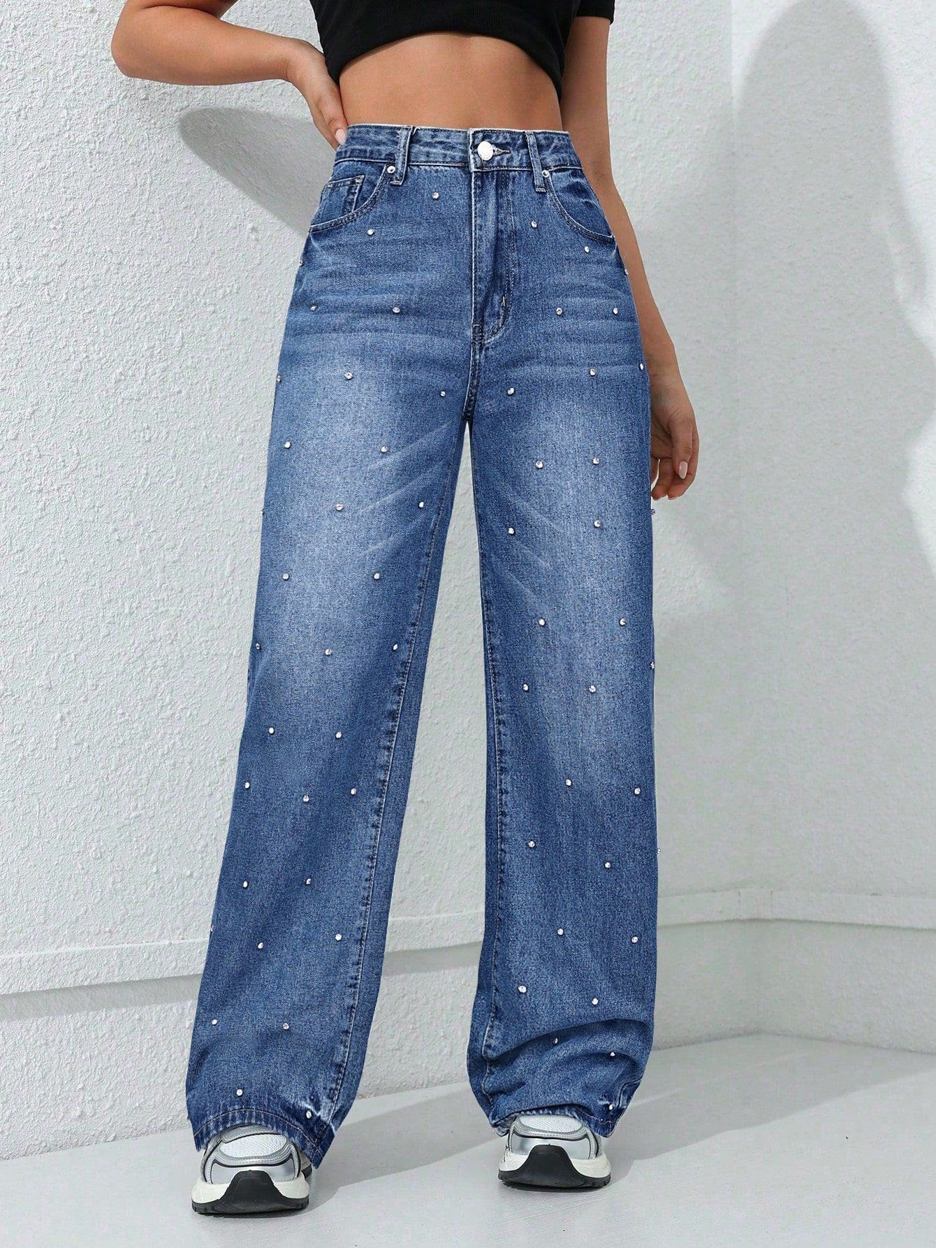 Rhinestone Embellished High Waisted Wide Leg Jeans