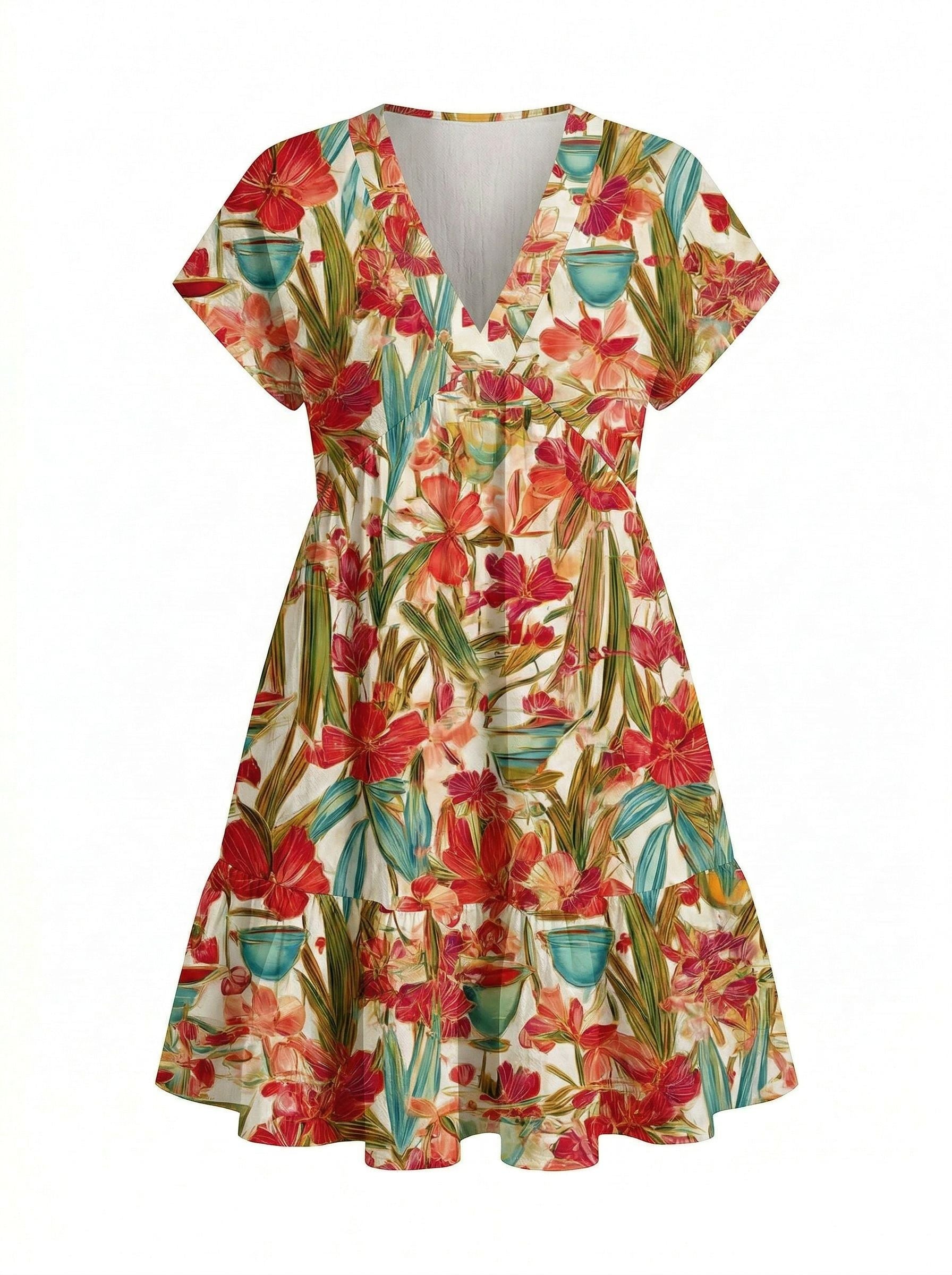 Floral Print V Neck Tiered Babydoll Mini Dress