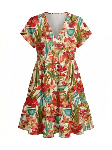 Floral Print V Neck Tiered Babydoll Mini Dress