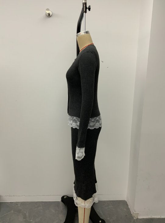 Lace Trim Ribbed Knit Set