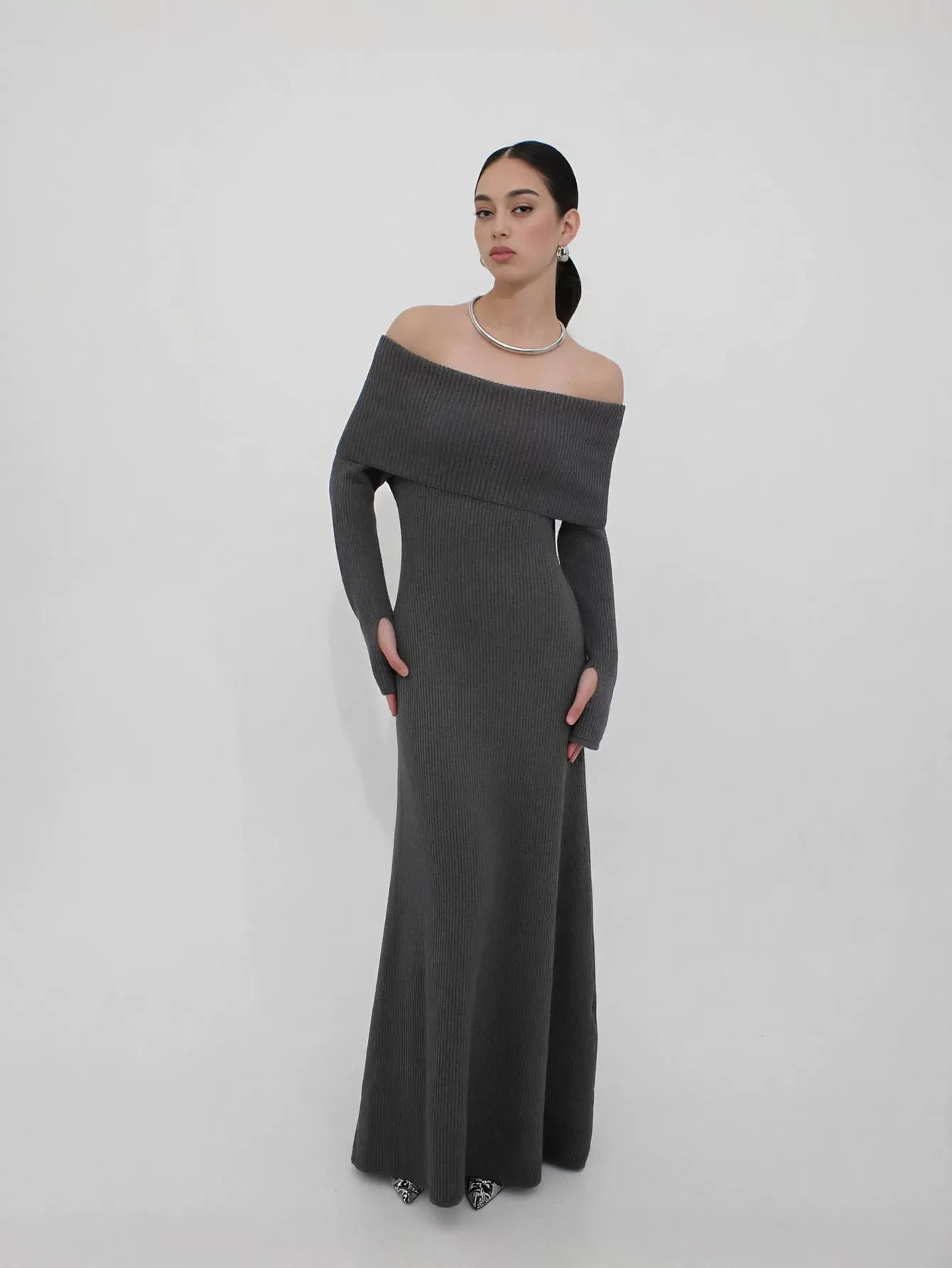 Off Shoulder Ribbed Knit Maxi Dress