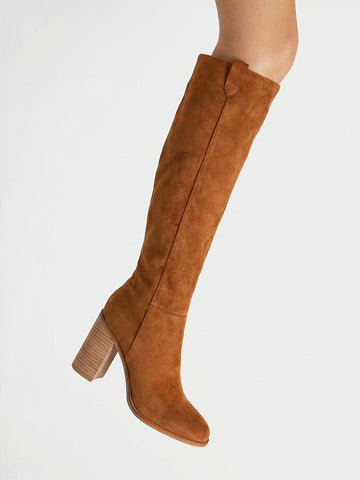 Suede Upper Chunky Heel Round Toe Classic Knee-High Boots-Black