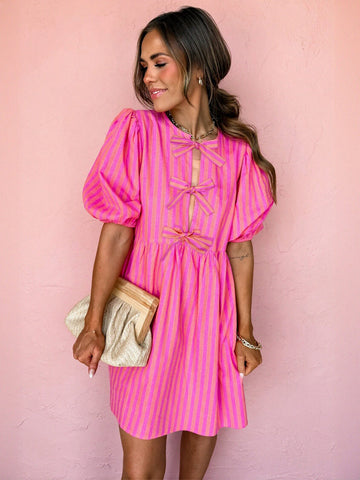 Puff Sleeve Bow Detail Midi Dress
