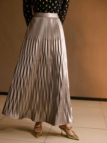 Metallic High Waisted Pleated Maxi Skirt