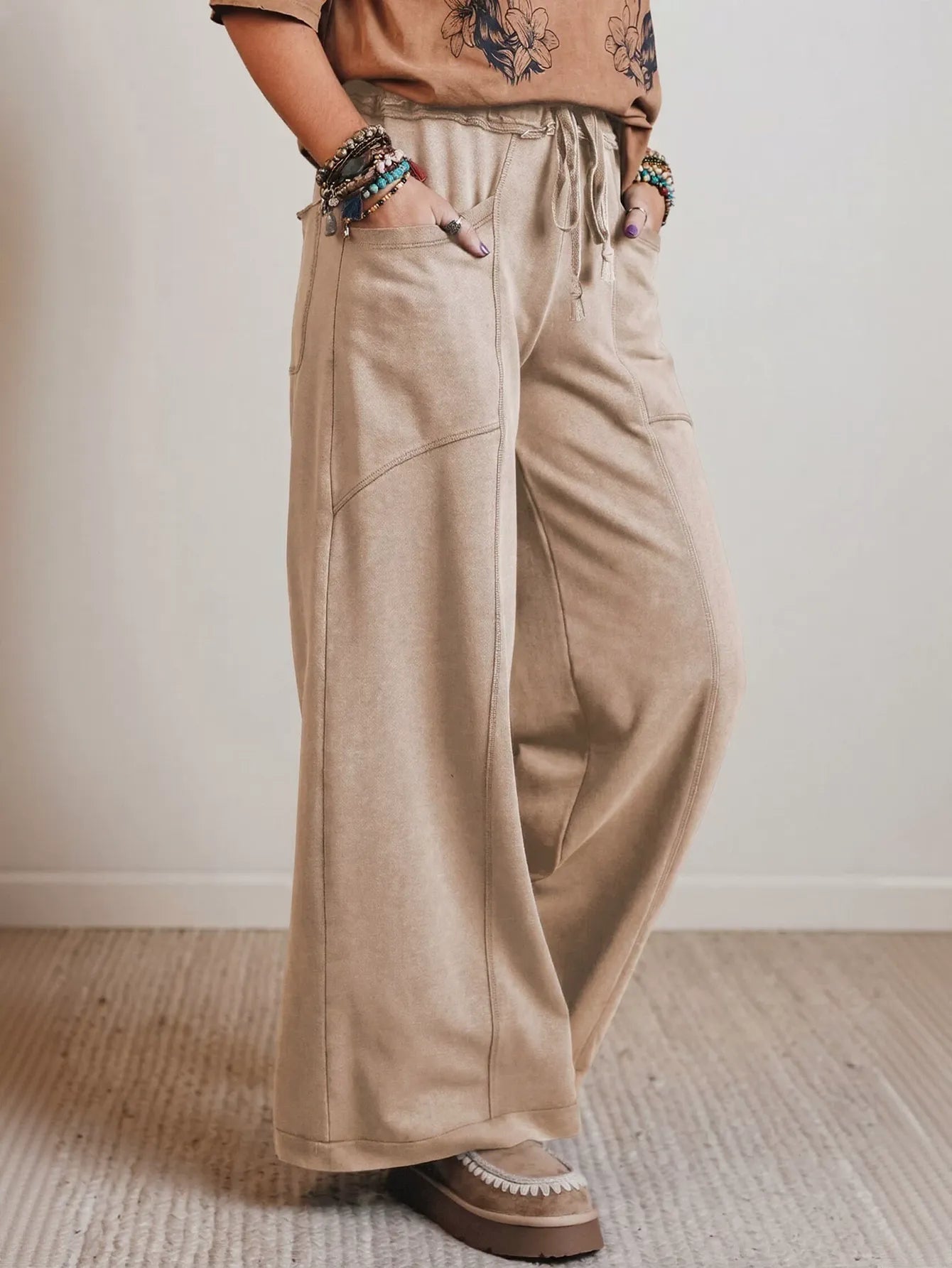 Soft Suede Drawstring Wide Leg Pants