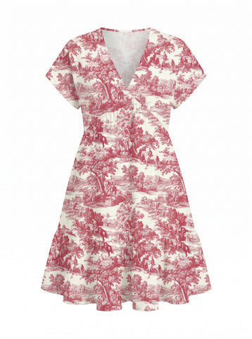 Red Toile Print Mini Dress