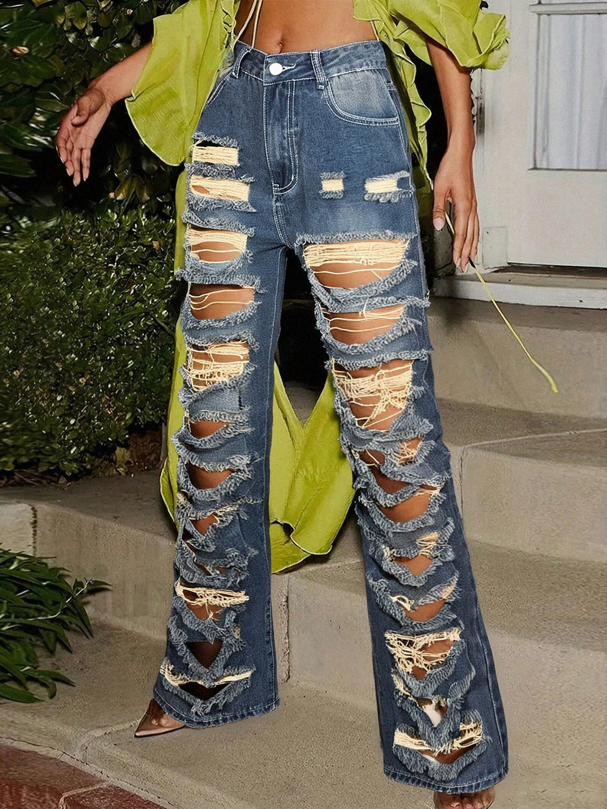 Distressed Wide Leg Denim Jeans