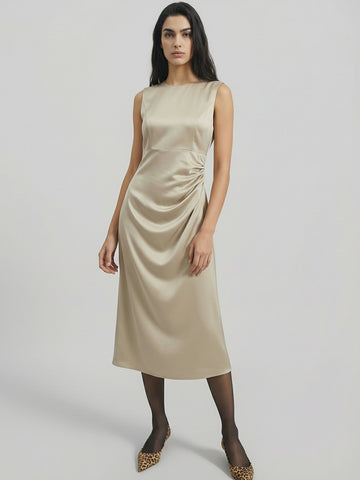 SAÏA Boat Neck Bridesmaid Satin Maxi Dress-Gold