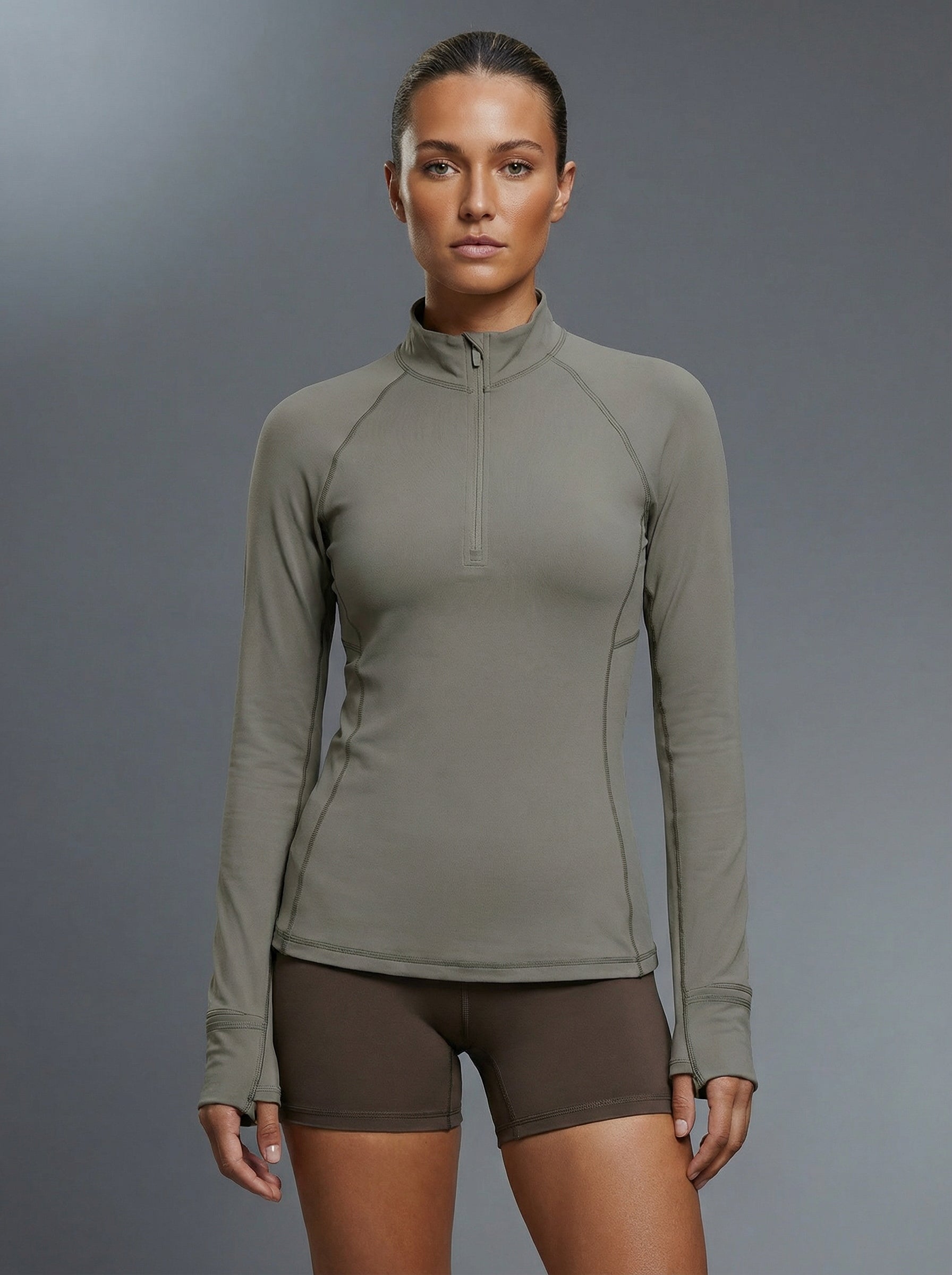 Mock Neck Half-Zip Slimming Fit Sleek Yoga Top-Multicolor