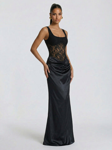 Sleeveless Lace Satin Elegant Maxi Dress
