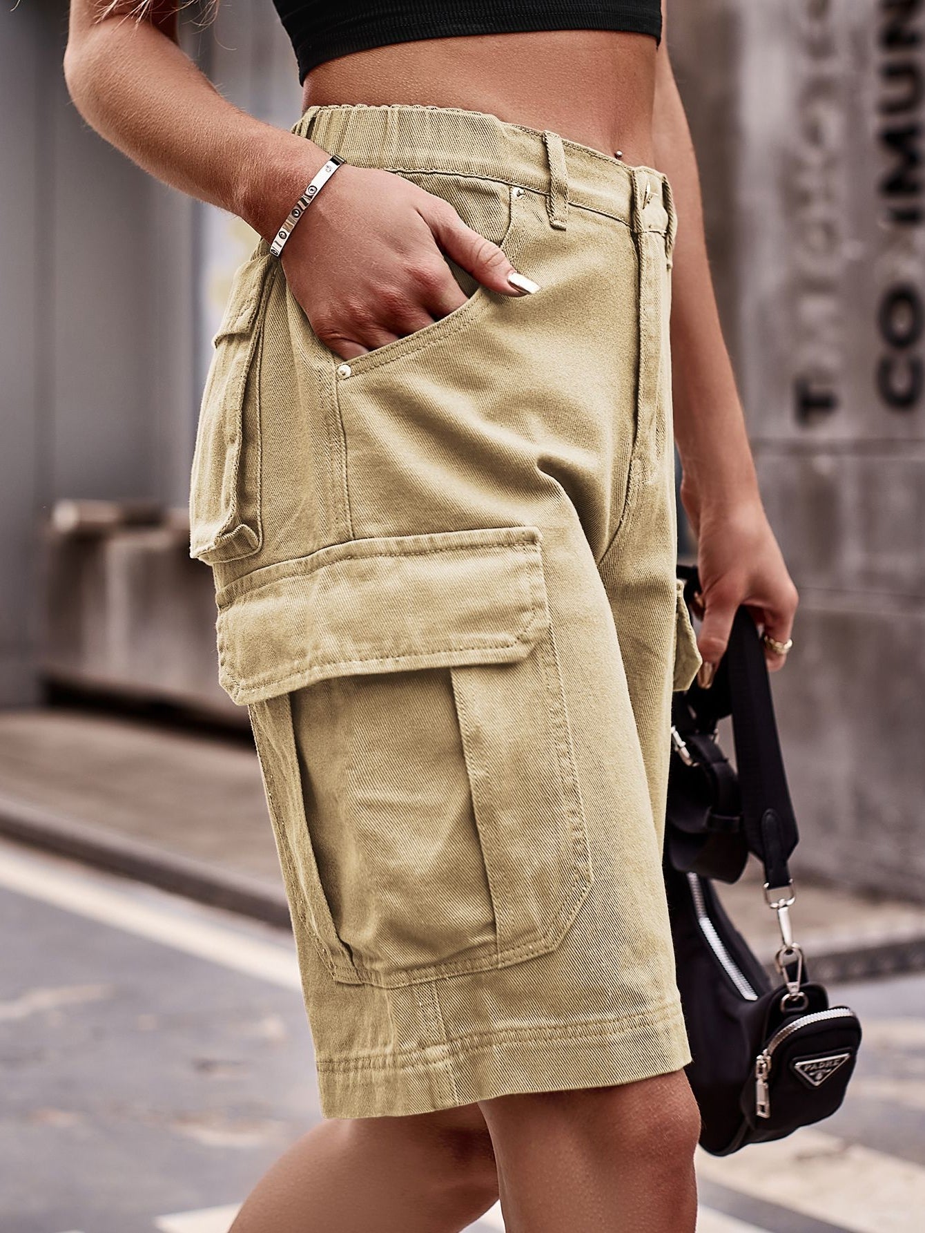 High Waisted Cargo Denim Shorts