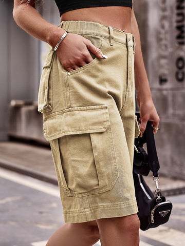 High Waisted Cargo Denim Shorts
