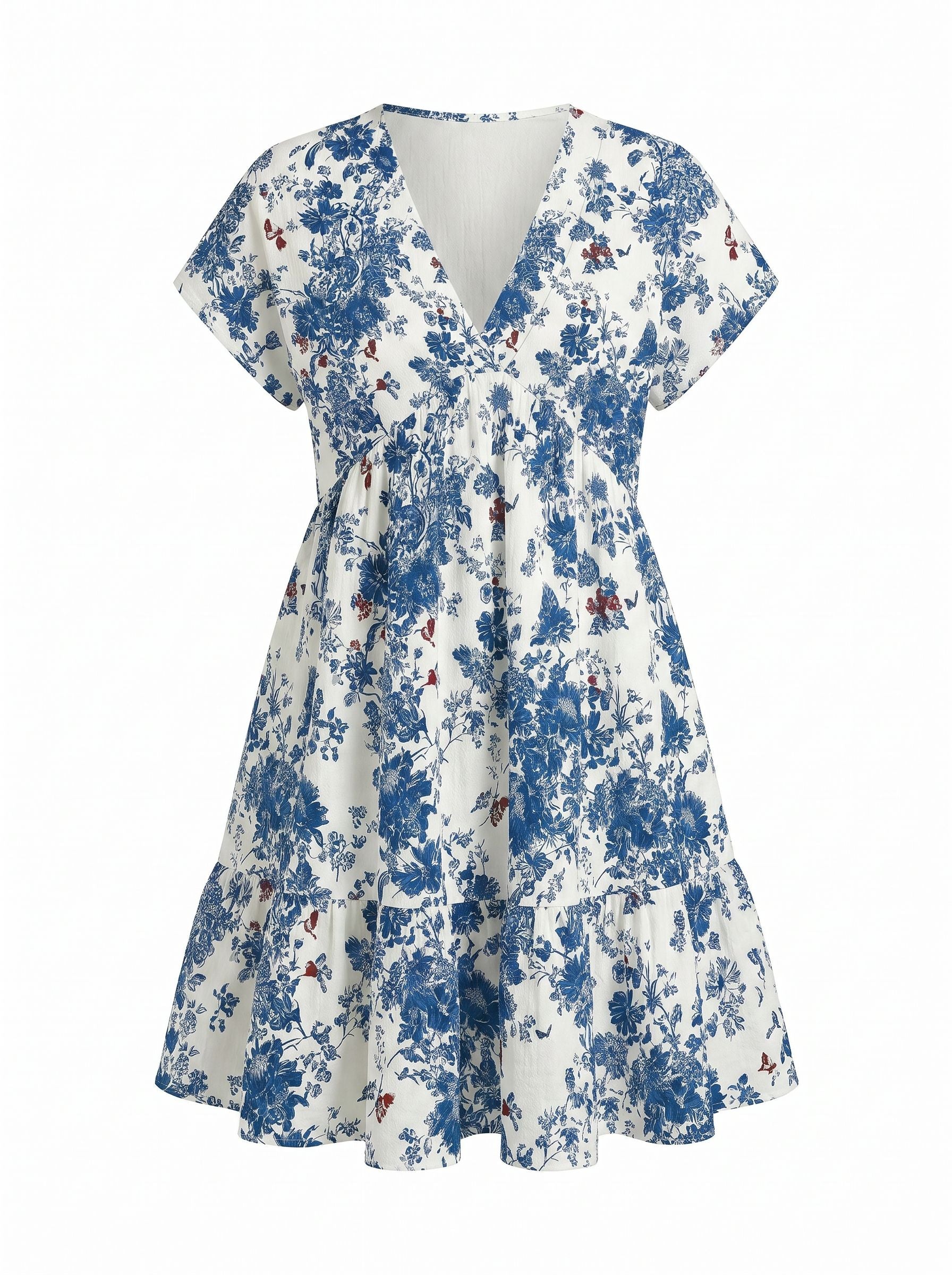 Floral Print V Neck Tiered Babydoll Mini Dress