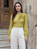 Floral Applique Puff Sleeve Chiffon Blouse