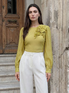 Floral Applique Puff Sleeve Chiffon Blouse