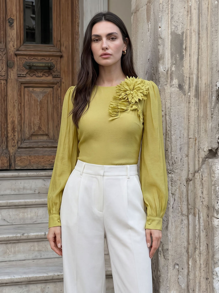Floral Applique Puff Sleeve Chiffon Blouse