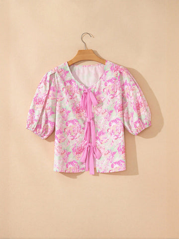 Ribbon Tie Front Floral Print Blouse