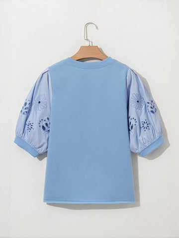 Embroidered Puff Sleeve Chiffon Blouse