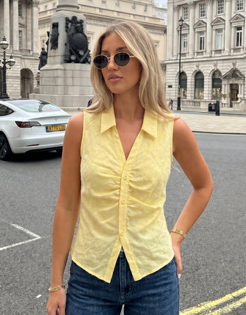 Yellow Ruched Sleeveless Button Down Shirt