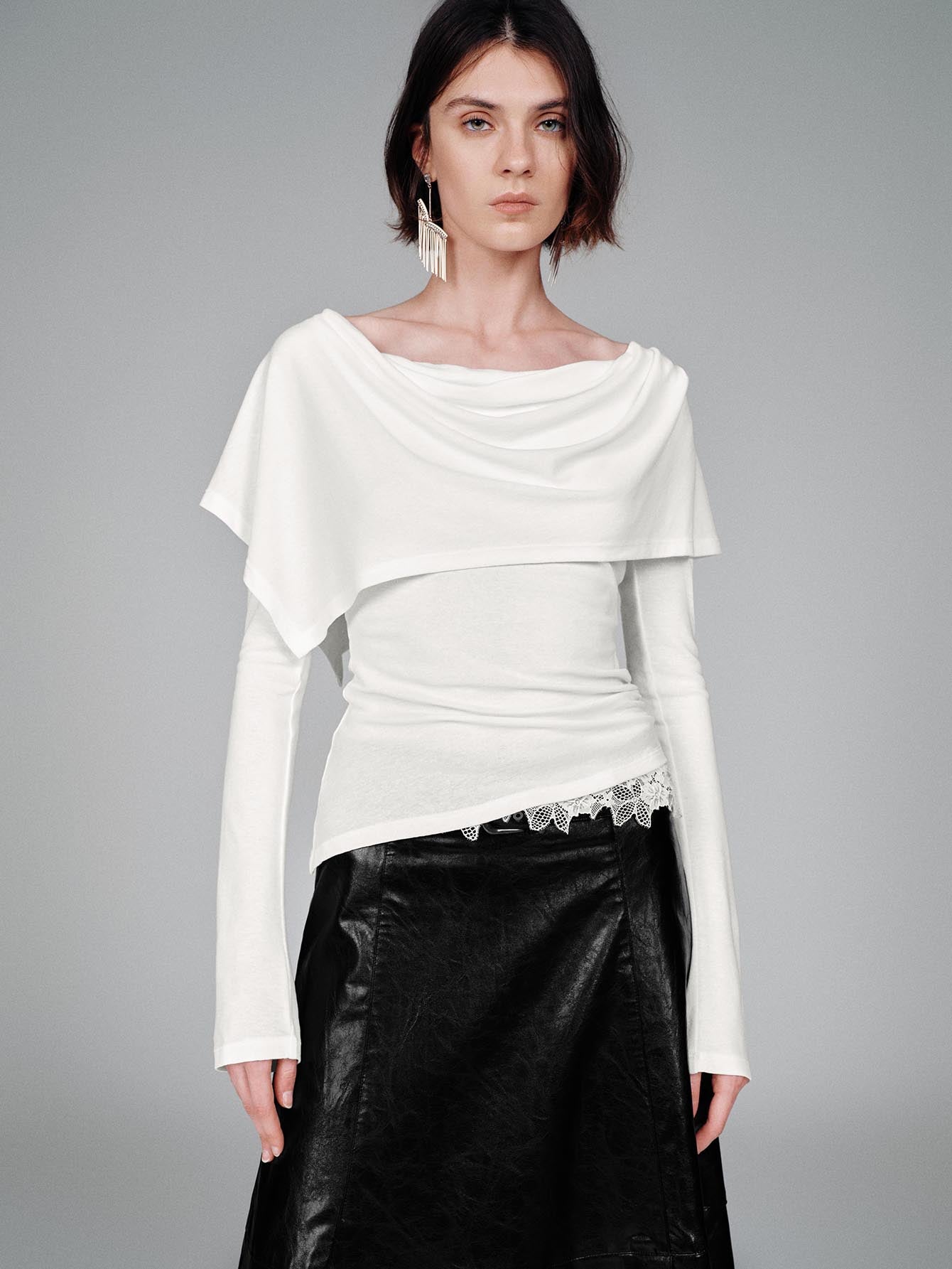 Urban Revivo Draped Long Sleeve T-Shirts-Off-White
