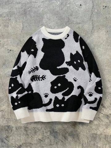 Oversized Cute Cat Print Sweater
