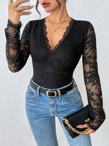 V Neck Sheer Lace Elegant Bodysuit
