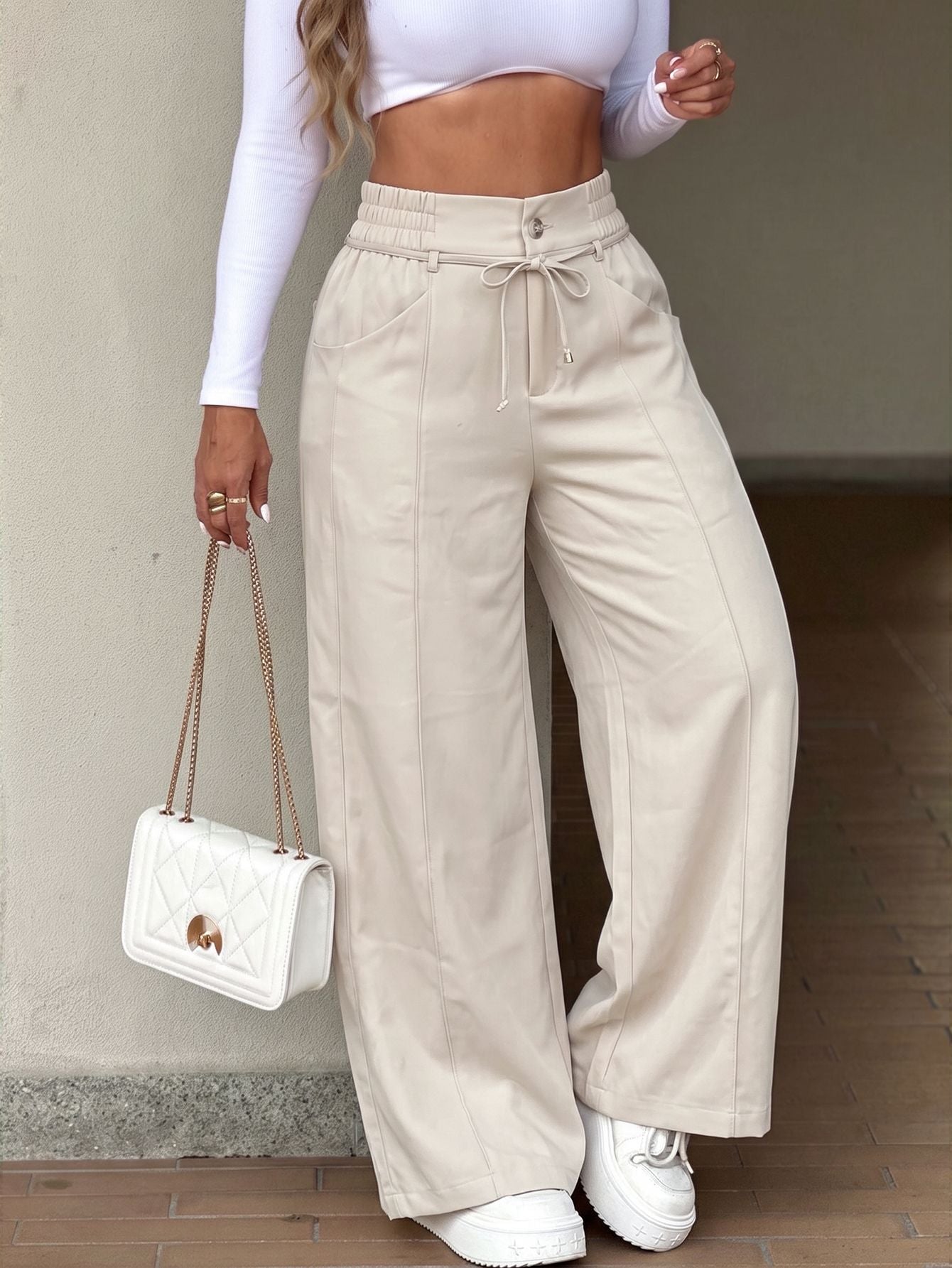 High Waisted Drawstring Wide Leg Pants