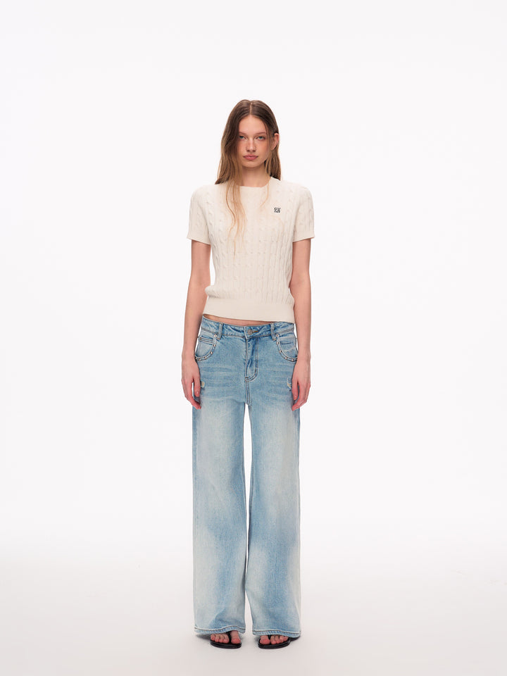 Studded Distressed High Waisted Wide Leg Jeans