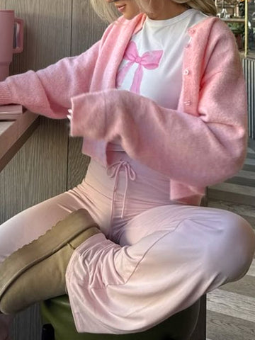 Soft Pink Crewneck Knit Cardigan