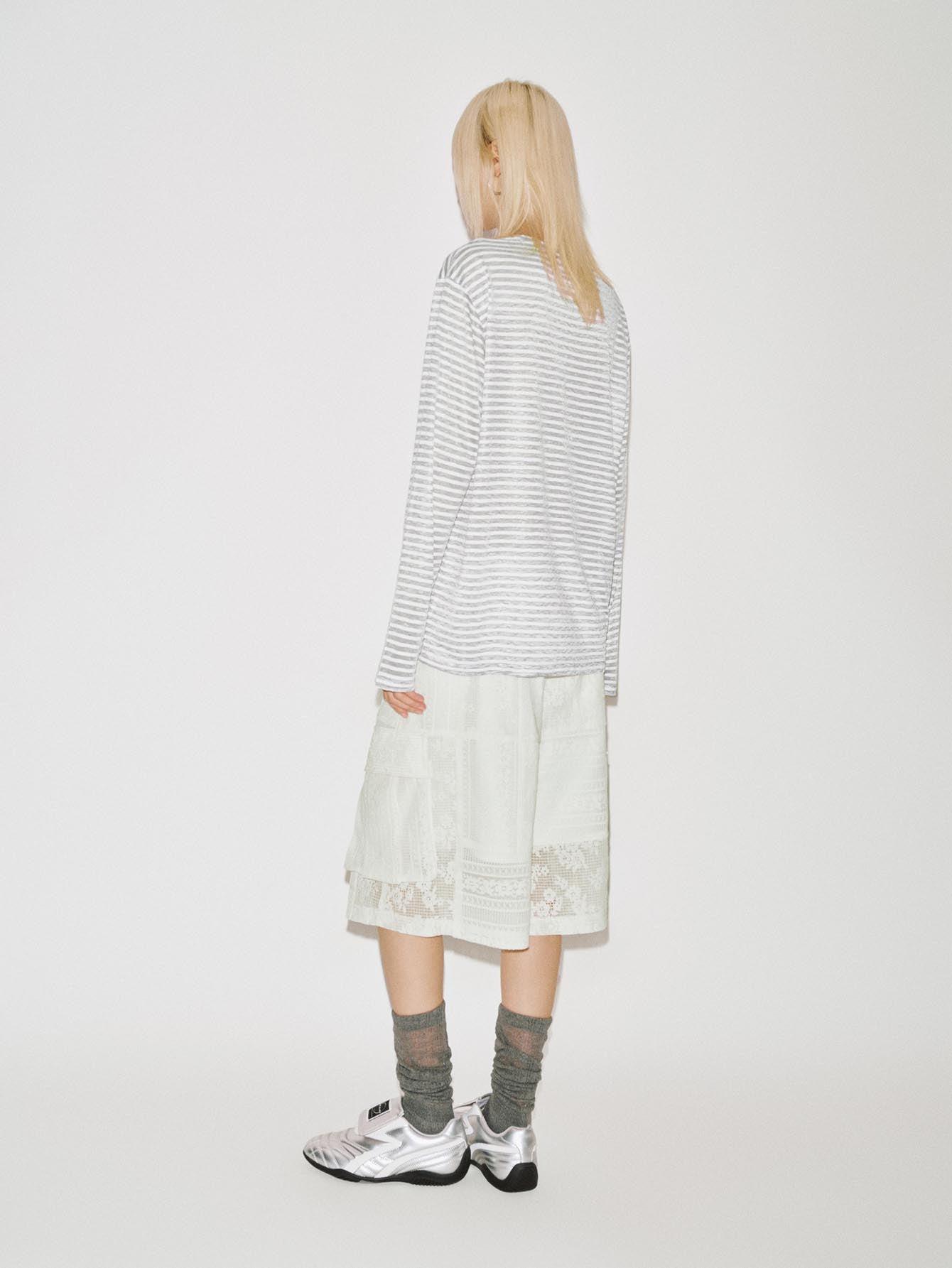 Urban Revivo Printed Contrast Striped Long Sleeve T-Shirts-Cool Grey Stripes