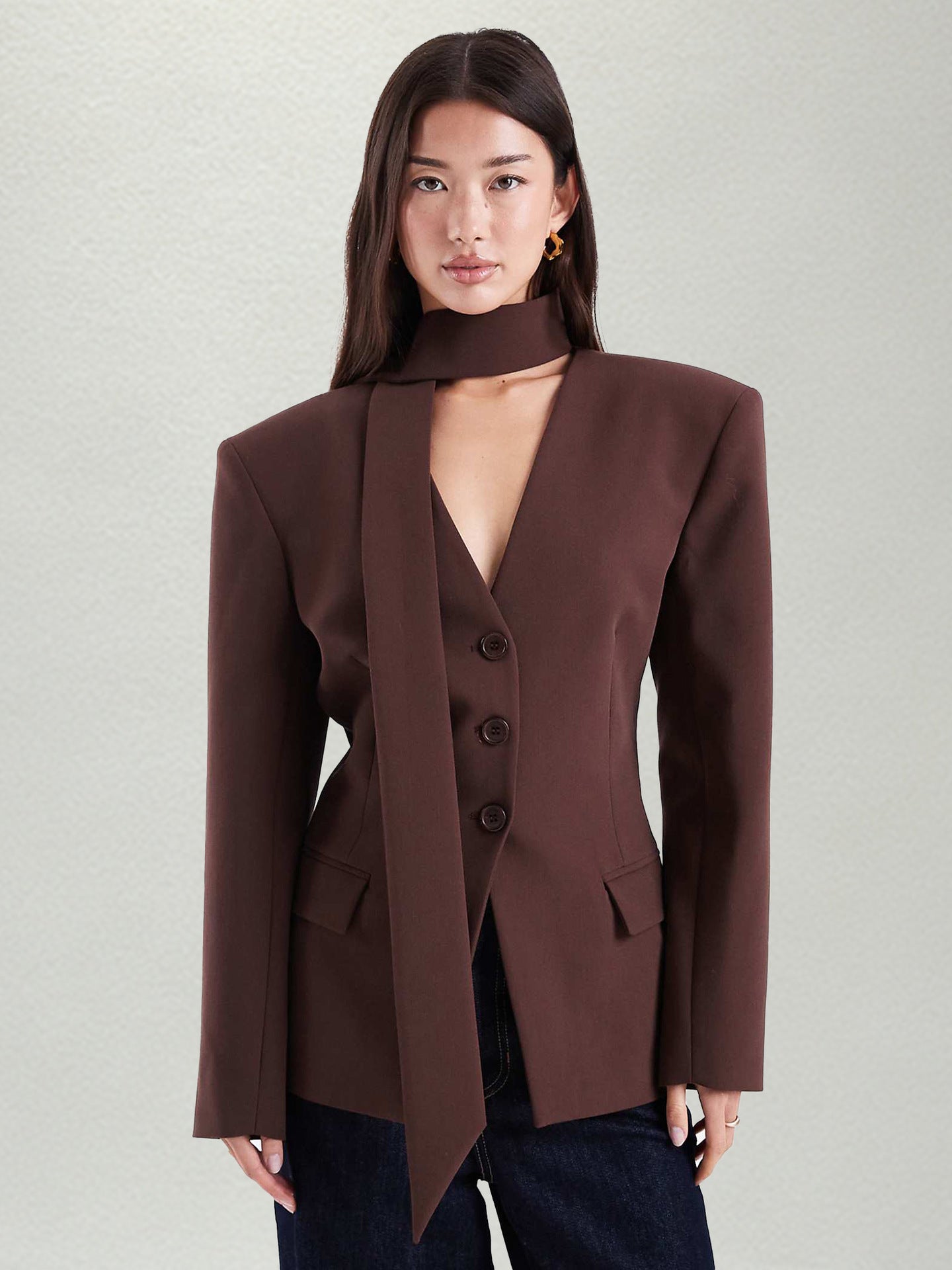 Tailored Scarf Detail Fitted Blazer