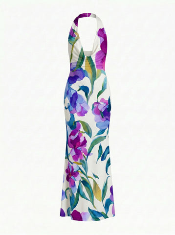 LILA Floral Print Cowl Neck Bodycon Midi Dress