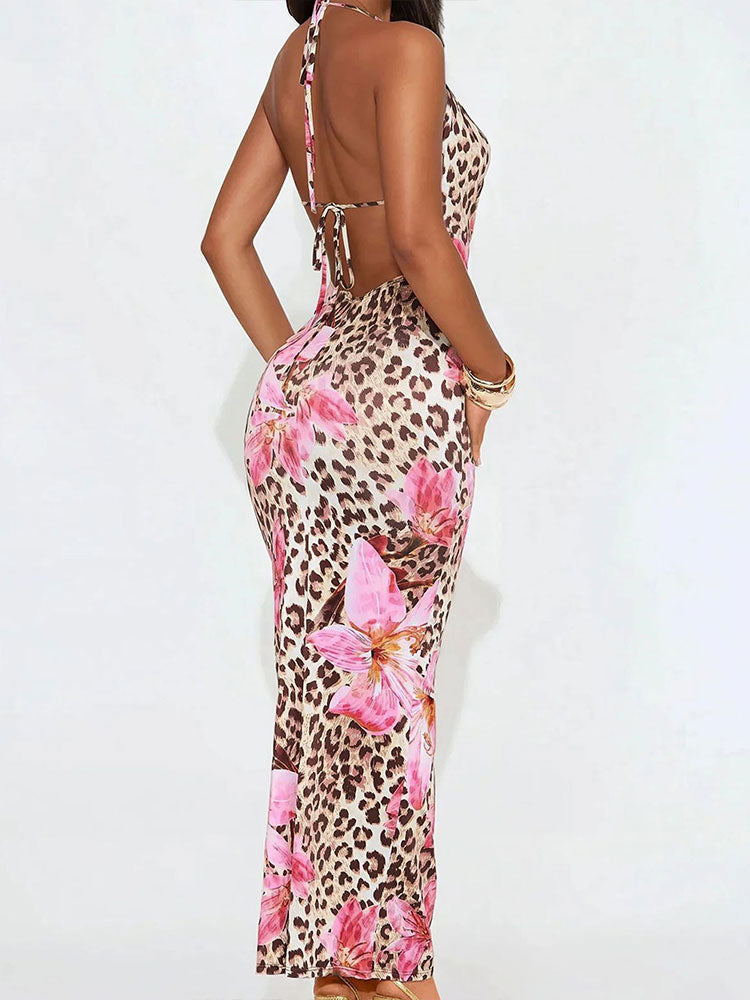 Floral Leopard Bodycon Sexy Midi Dress-Pink
