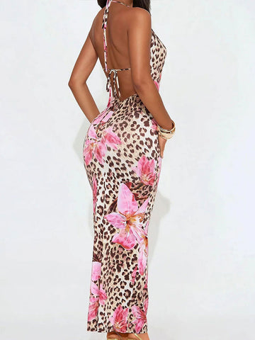 Floral Leopard Bodycon Sexy Midi Dress-Pink