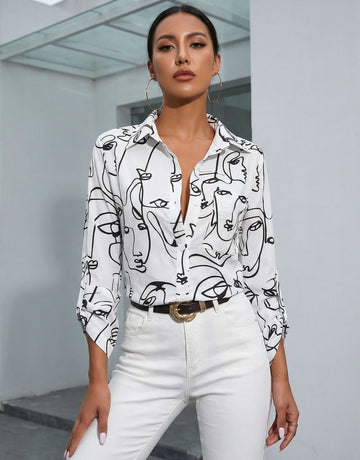 Abstract Print Pointed Collar Artistic Shirt-White