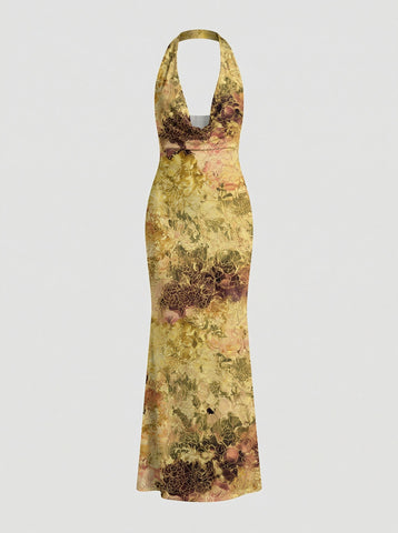 Floral Print Cowl Neck Bodycon Maxi Dress