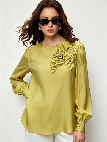 Floral Applique Puff Sleeve Chiffon Blouse