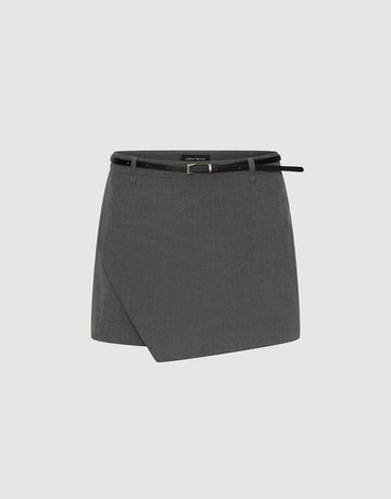 Urban Revivo Belted Asymmetric Overlay Detail Mini Skorts-Dark gray
