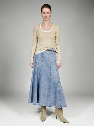 Urban Revivo Belted Seamed Denim Midi Skirts-Blue