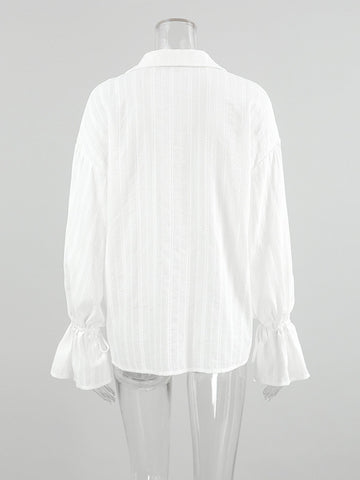 Sheer Striped Ruffle Sleeve Button Shirt
