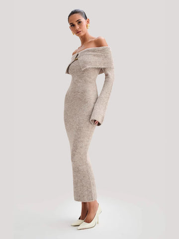 Off Shoulder Ribbed Knit Midi Dress