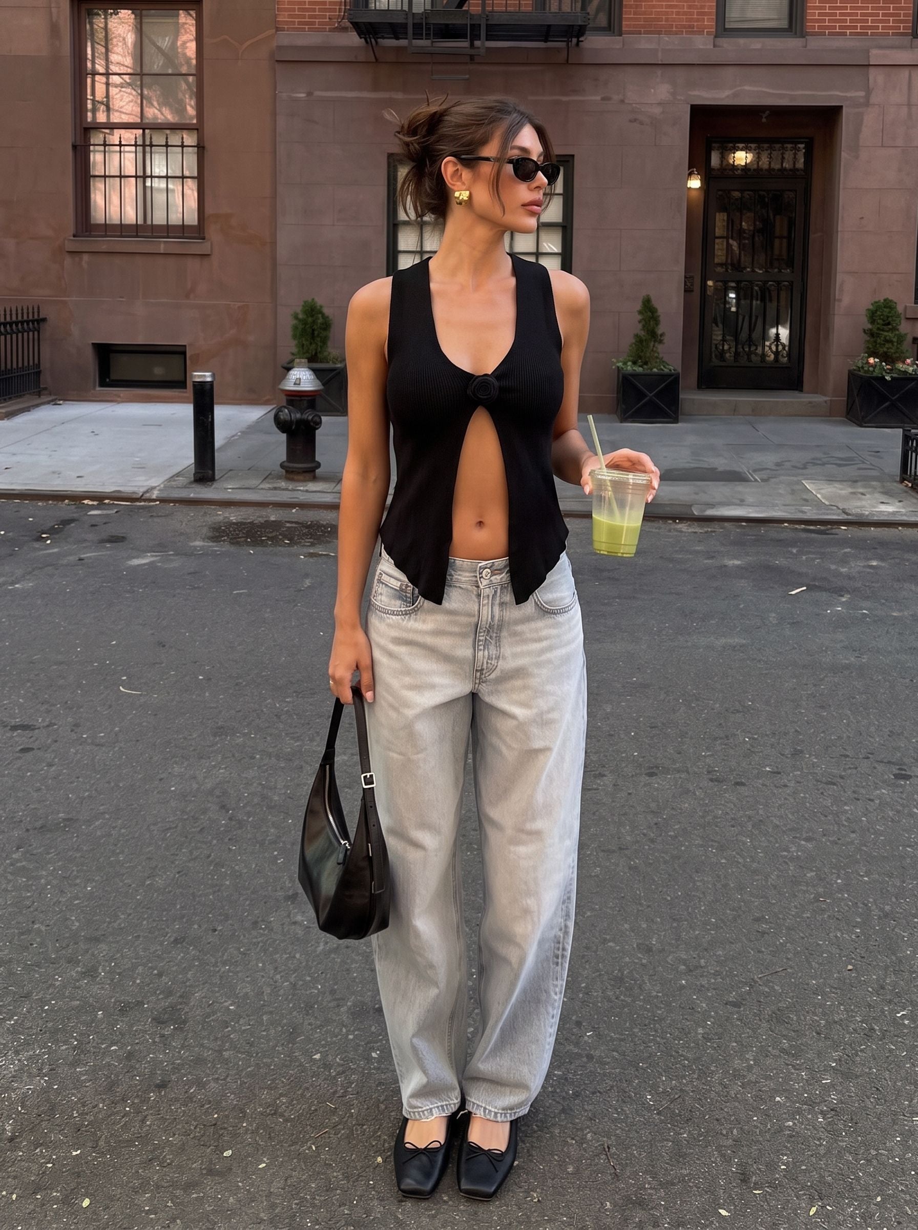 Ribbed Rose Detail Knit Tank Top